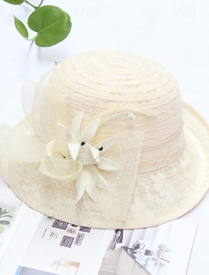 AerbaDress Fascinators Kentucky Derby Hat Headwear Organza Bowler / Cloche Hat Bucket Hat Straw Hat Casual Holiday Elegant Vintage With Feather Bowknot Headpiece Headwear