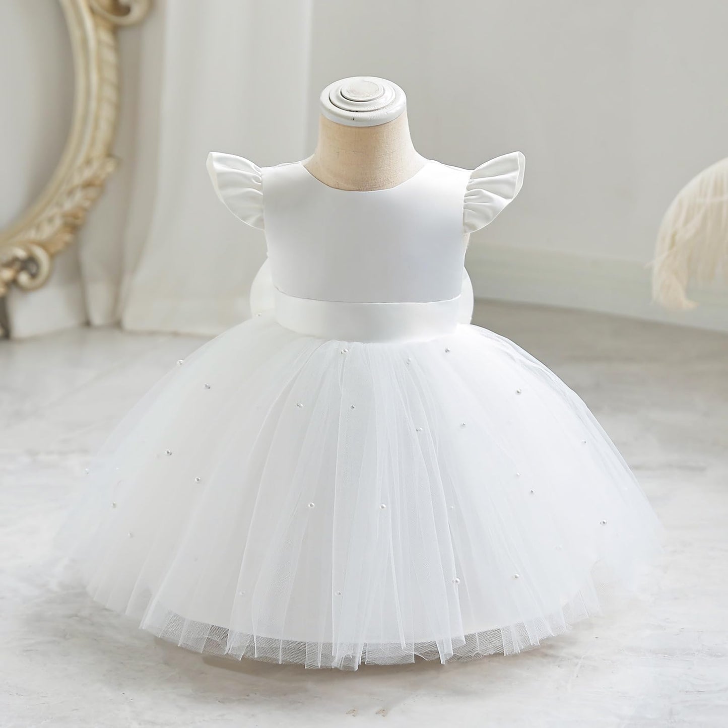 AERBA DRESS Wedding Flower Girl Dresses Satin Pearls Tulle Dress Bowknot V Back Pageant Party Formal Baptism Dress
