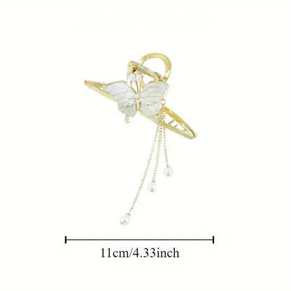 Aerba Butterfly Tassel Hair Claw Clips Set of 2, Elegant Large Butterfly Hair Clamps with Dangling Pearl Chains, Metal Alloy Hair Accessories for Women Over 15 Years Old - Gold-Tone Alloy Shark Clips with Pearlescent Accents