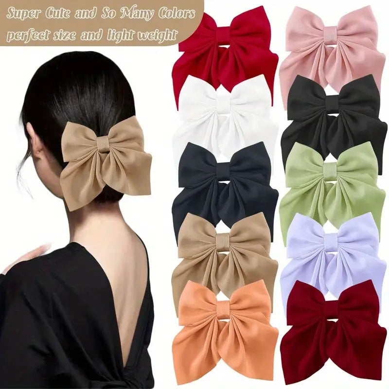 Aerba 10-Piece Elegant Solid Color Bow Hair Clips For Women - Handmade Soft Fabric, Perfect For Styling