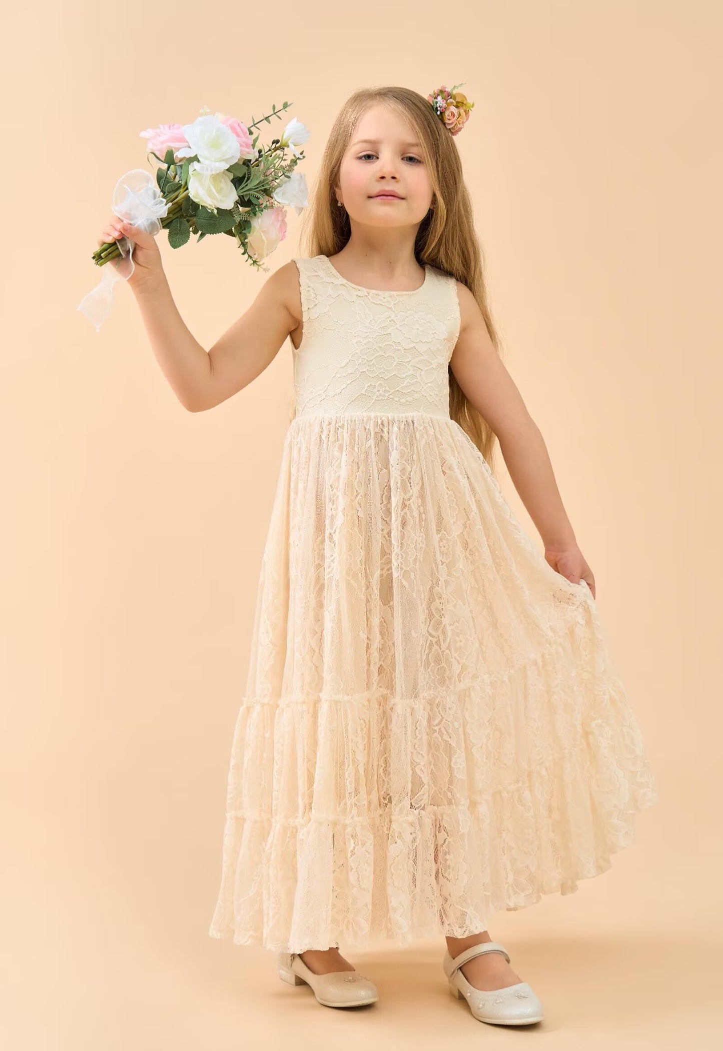 AERBA DRESS Wedding Flower Girl Dresses Lace Boho Toddler Dresses Ruffle Girl Dress for Wedding Garden Party Holiday Communion Sleeveless Dress