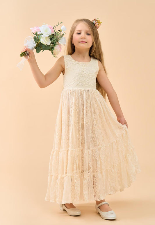 AERBA DRESS Wedding Flower Girl Dresses Lace Boho Toddler Dresses Ruffle Girl Dress for Wedding Garden Party Holiday Communion Sleeveless Dress