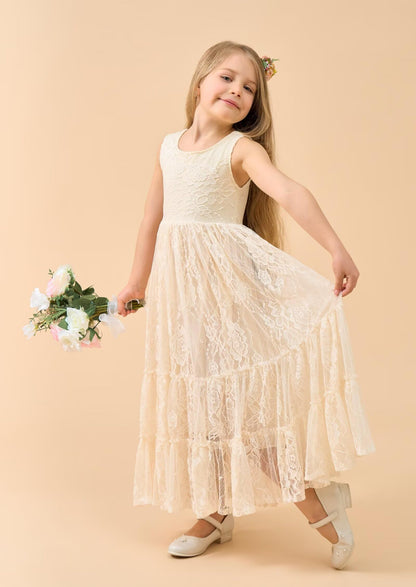 AERBA DRESS Wedding Flower Girl Dresses Lace Boho Toddler Dresses Ruffle Girl Dress for Wedding Garden Party Holiday Communion Sleeveless Dress
