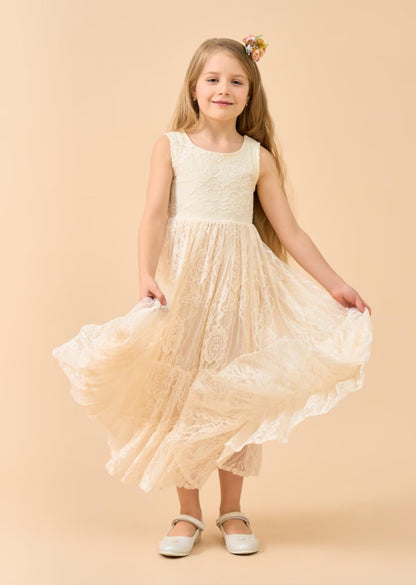 AERBA DRESS Wedding Flower Girl Dresses Lace Boho Toddler Dresses Ruffle Girl Dress for Wedding Garden Party Holiday Communion Sleeveless Dress