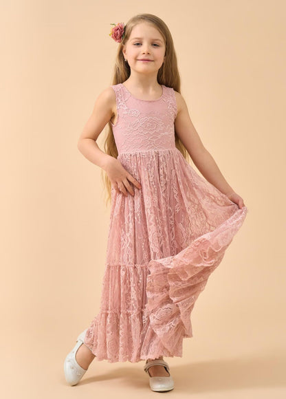 AERBA DRESS Wedding Flower Girl Dresses Lace Boho Toddler Dresses Ruffle Girl Dress for Wedding Garden Party Holiday Communion Sleeveless Dress