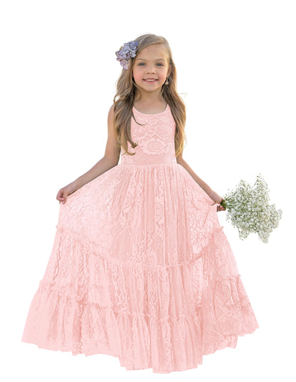 AERBA DRESS Wedding Flower Girl Dresses Lace Boho Toddler Dresses Ruffle Girl Dress for Wedding Garden Party Holiday Communion Sleeveless Dress