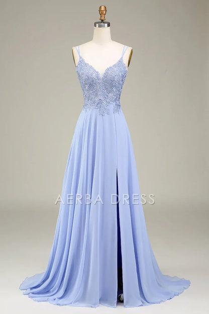 AERBA DRESS Formal Wear Dresses A-Line Spaghetti Strap Backless Side Fork With Appliques Long Prom Dress