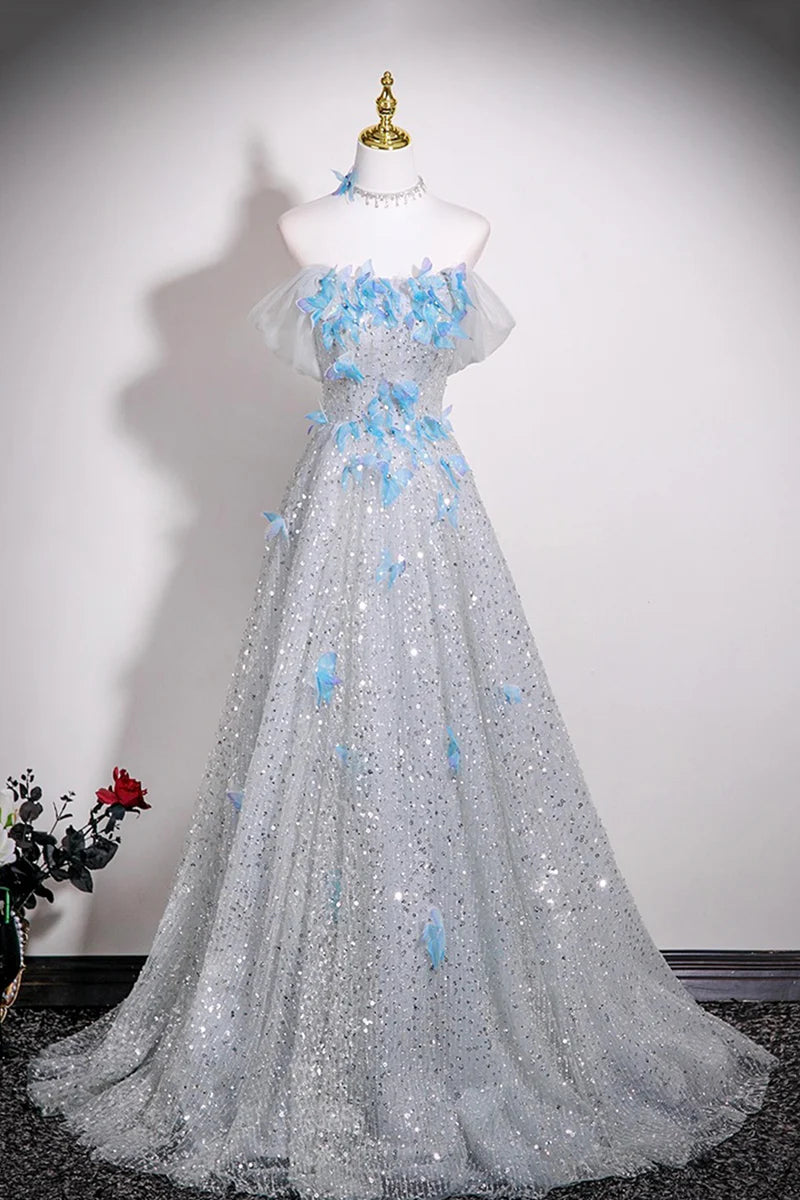 Silver Sequins Fantastic A-Line Off-The-Shoulder Butterfly Rhinestone Backless Exquisite Long Prom Dresses Formal Graduation Dress Evening Dress