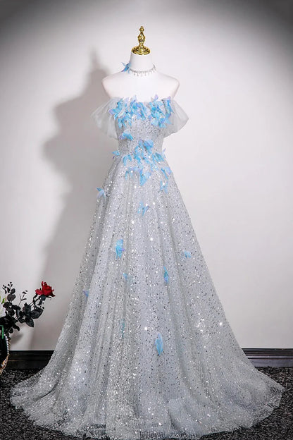 Silver Sequins Fantastic A-Line Off-The-Shoulder Butterfly Rhinestone Backless Exquisite Long Prom Dresses Formal Graduation Dress Evening Dress