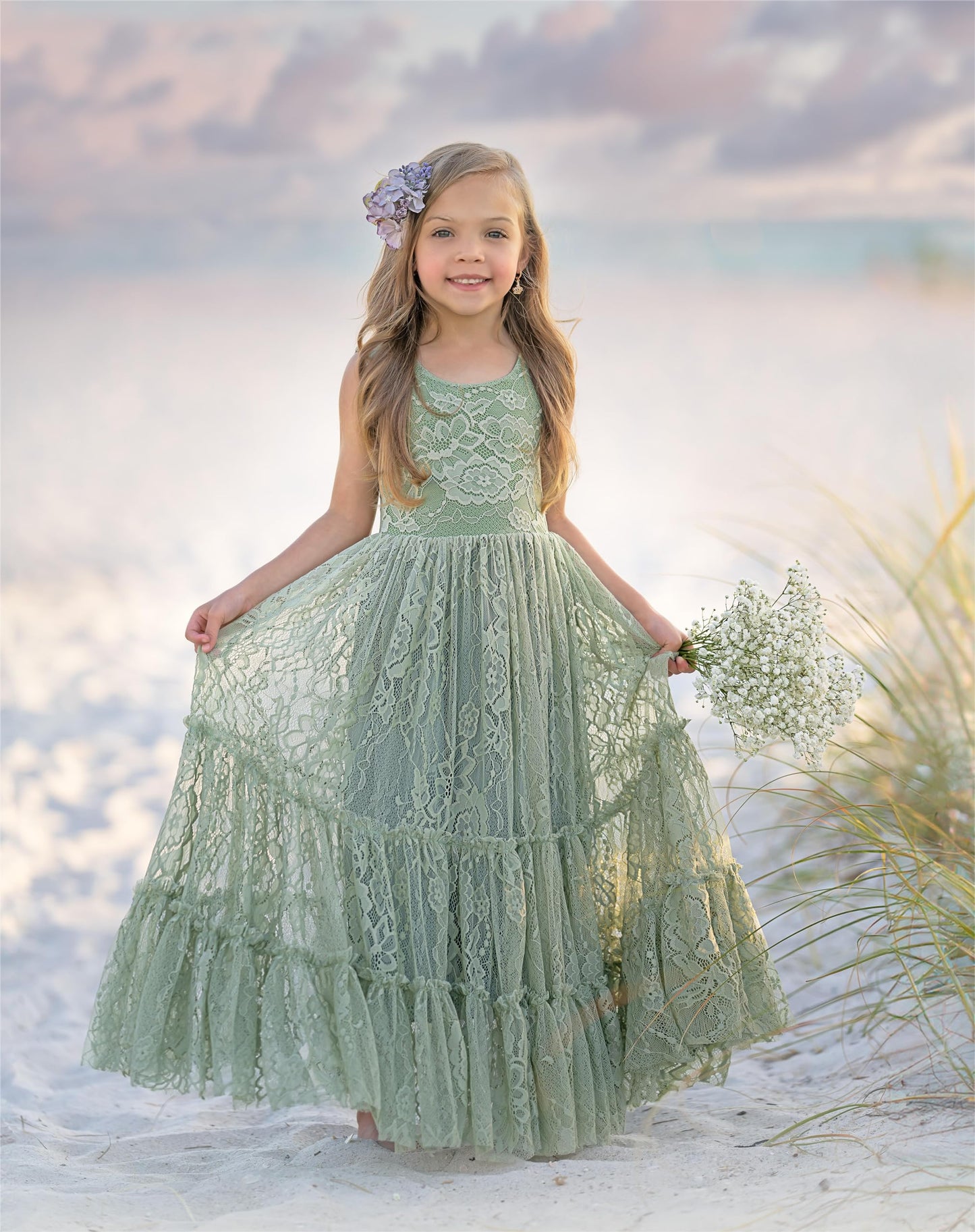 AERBA DRESS Wedding Flower Girl Dresses Lace Boho Toddler Dresses Ruffle Girl Dress for Wedding Garden Party Holiday Communion Sleeveless Dress