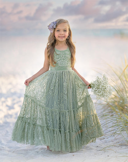 AERBA DRESS Wedding Flower Girl Dresses Lace Boho Toddler Dresses Ruffle Girl Dress for Wedding Garden Party Holiday Communion Sleeveless Dress