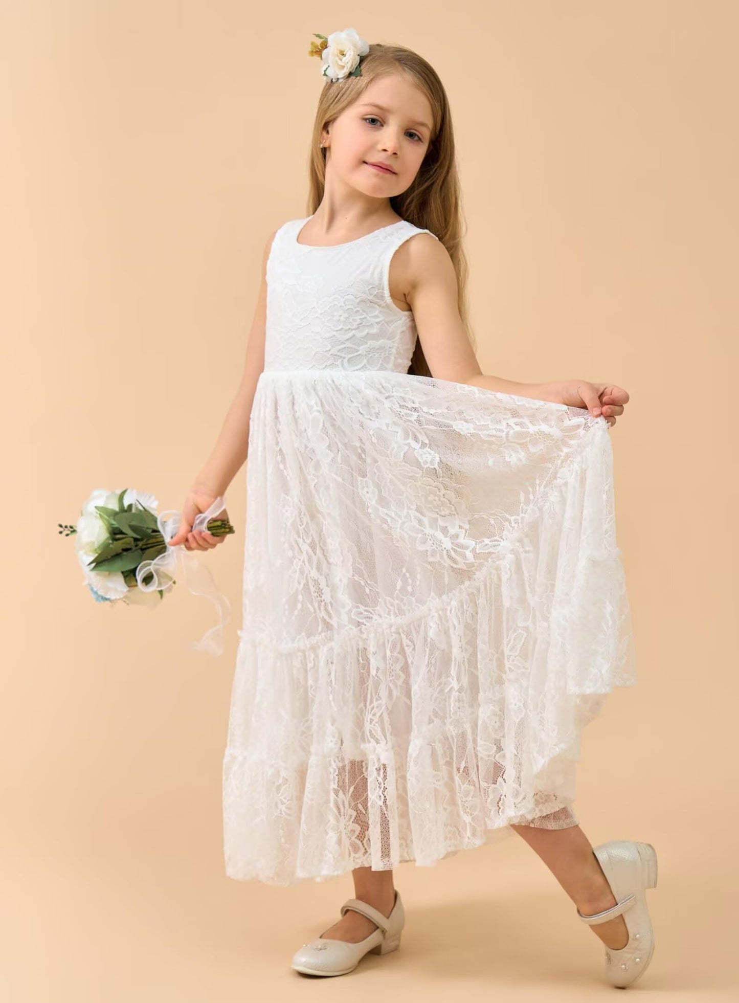 AERBA DRESS Wedding Flower Girl Dresses Lace Boho Toddler Dresses Ruffle Girl Dress for Wedding Garden Party Holiday Communion Sleeveless Dress