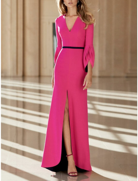 Sheath / Column Mother of the Bride Dress Formal Party Elegant V Neck Sweep / Brush Train Asymmetrical Stretch Fabric Long Sleeve