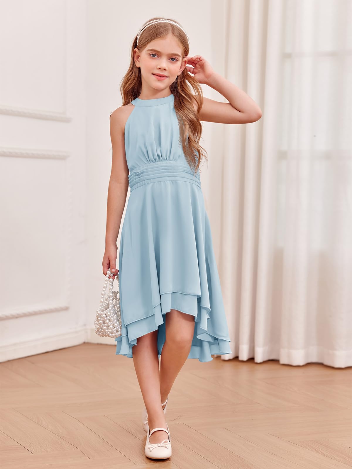 AERBA DRESS Wedding Flower Girl Dresses A-Line Chiffon Flowy Dresses Asymmetrical with Ruffles Sleveless Party Dress