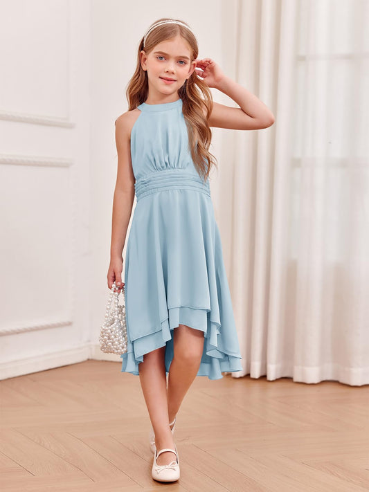 AERBA DRESS Wedding Flower Girl Dresses A-Line Chiffon Flowy Dresses Asymmetrical with Ruffles Sleveless Party Dress