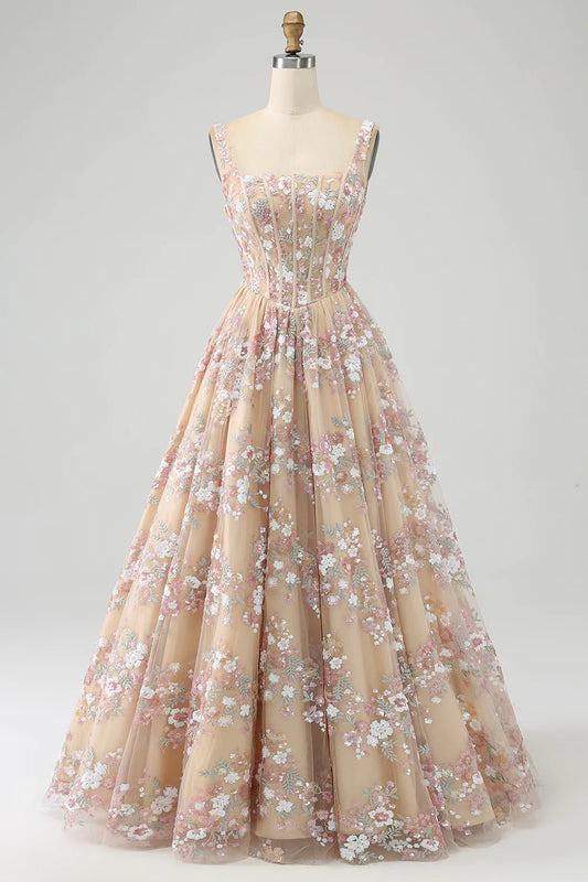 AerbaDress Luxurious A Line Square Neck Champagne Corset Prom Dress with Appliques