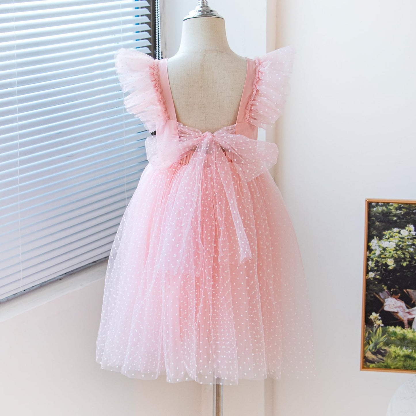 AERBA DRESS Wedding Flower Girl Dresses  A-Line Square Neck Round Dot Tulle Ruffled Sleeve Toddler Girls Vintage Party Dress