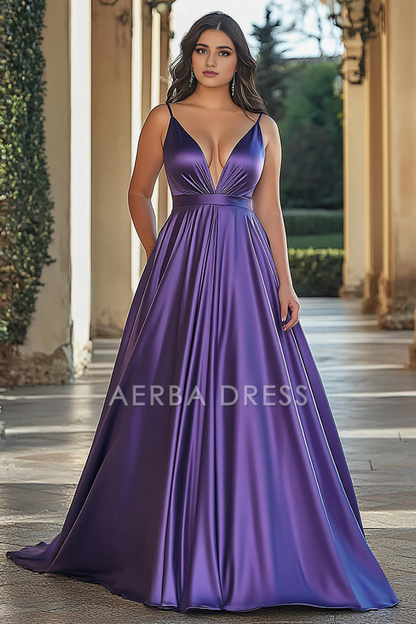 AERBA DRESS Formal Wear Dresses Elegant A Line Deep V-Neck Spaghetti Strap Satin Long Prom Dress