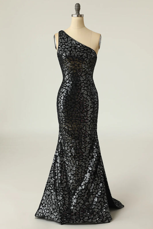 AerbaDress Mermaid One Shouler Dark Gold Sequins Prom Dress