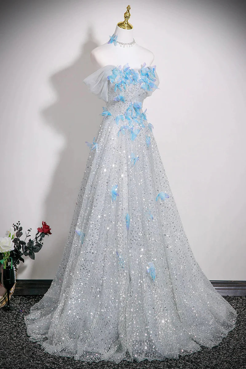 Silver Sequins Fantastic A-Line Off-The-Shoulder Butterfly Rhinestone Backless Exquisite Long Prom Dresses Formal Graduation Dress Evening Dress