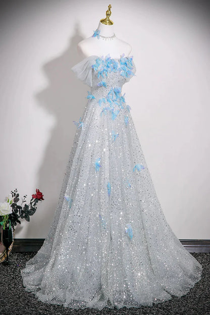 Silver Sequins Fantastic A-Line Off-The-Shoulder Butterfly Rhinestone Backless Exquisite Long Prom Dresses Formal Graduation Dress Evening Dress