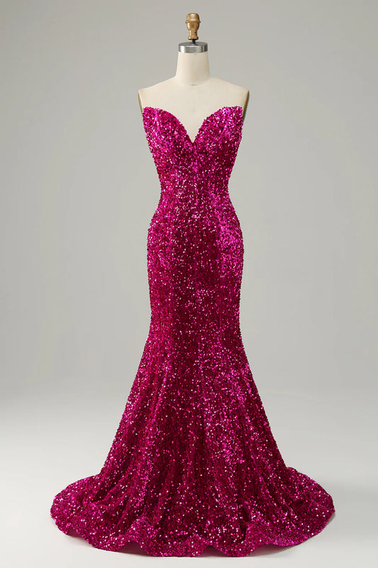 AerbaDress Fuchsia Sweetheart Neck Sequined Mermaid Prom Dress With Sweep Train