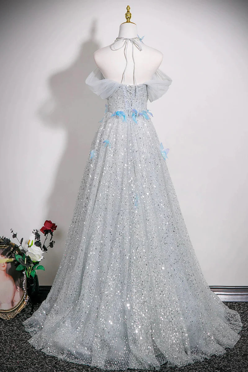 Silver Sequins Fantastic A-Line Off-The-Shoulder Butterfly Rhinestone Backless Exquisite Long Prom Dresses Formal Graduation Dress Evening Dress