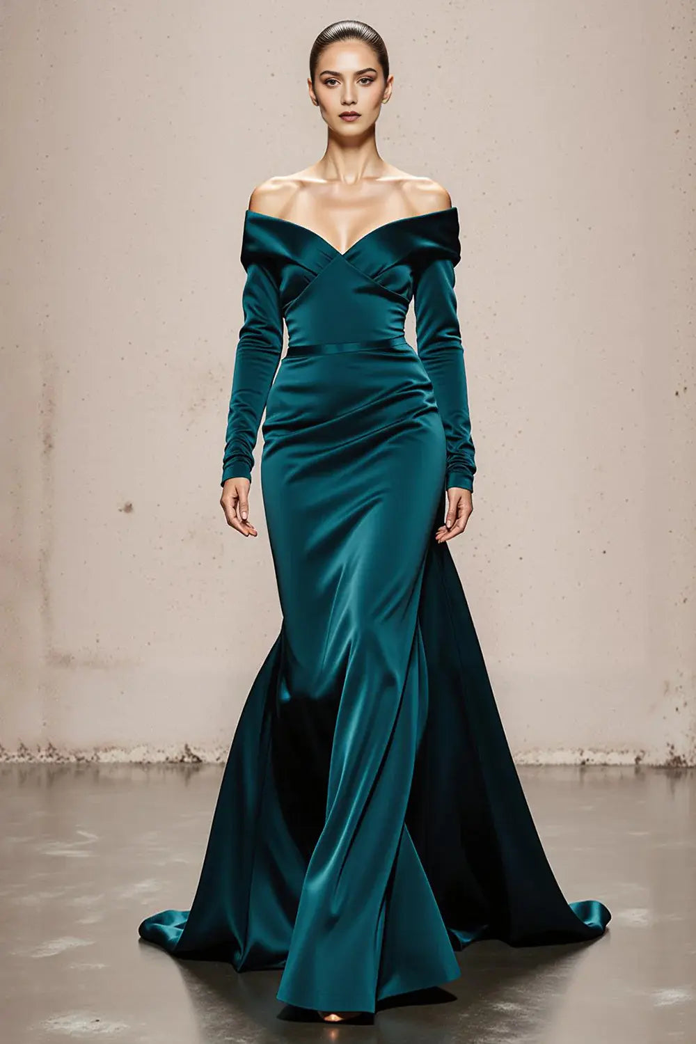 High Grade Peacock Green Satin Mermaid Off the Shoulder V Neck Long Sleeves Backless Exquisite Long Formal Dress Hot Sale Evening Dress