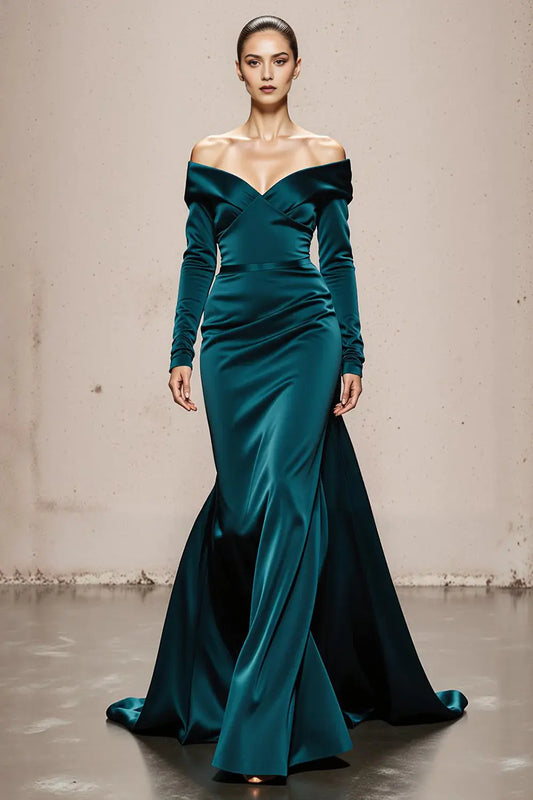 High Grade Peacock Green Satin Mermaid Off the Shoulder V Neck Long Sleeves Backless Exquisite Long Formal Dress Hot Sale Evening Dress