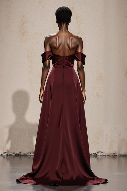 Elegant Burgundy Satin A Line Off the Shoulder Backless Temperament Long Formal Dress Hot Sale Evening Dress