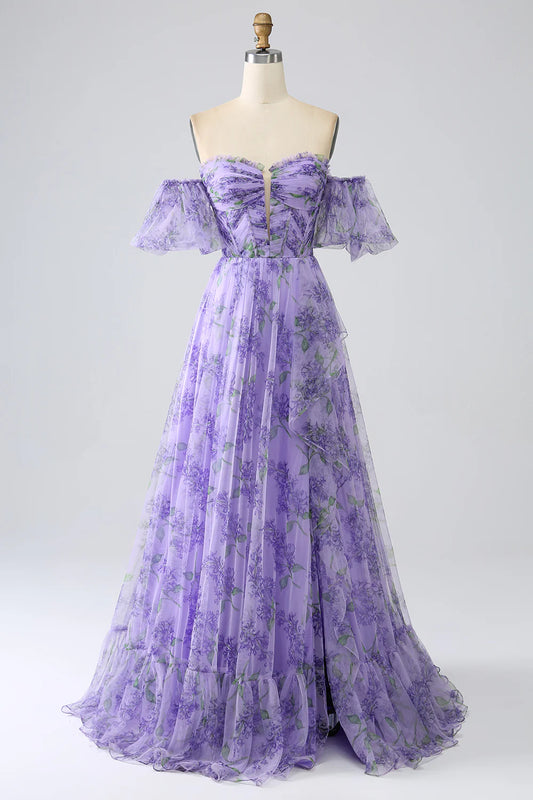 AerbaDress Printed Lavender Off the Shoulder A line Prom Dress with Removable Sleeves