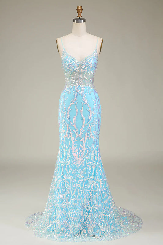 AerbaDress Blue Spaghetti Straps Sparkly Mermaid Prom Dress