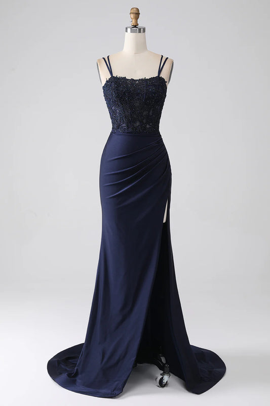 AerbaDress Mermaid Beaded Navy Prom Dress with Ruffles