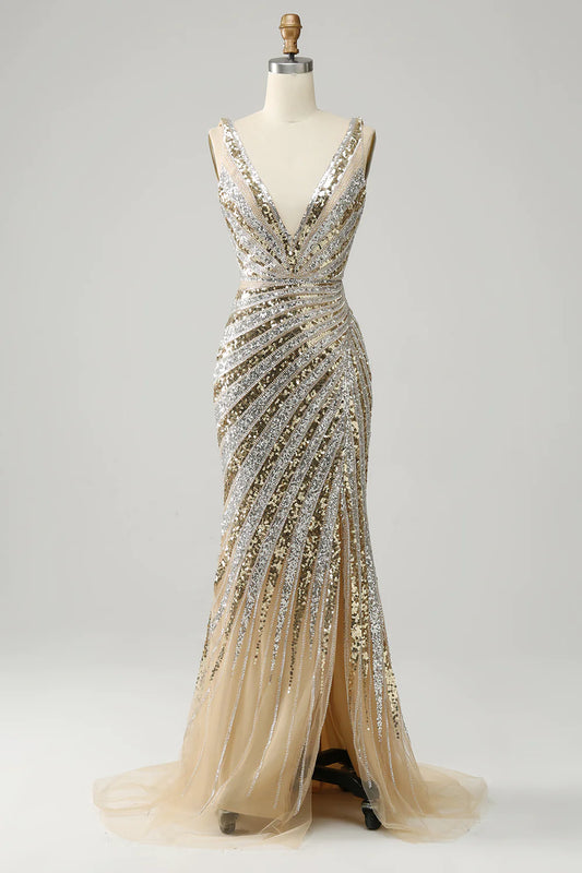 AerbaDress Mermaid Deep V Neck Long Prom Dress with Silt