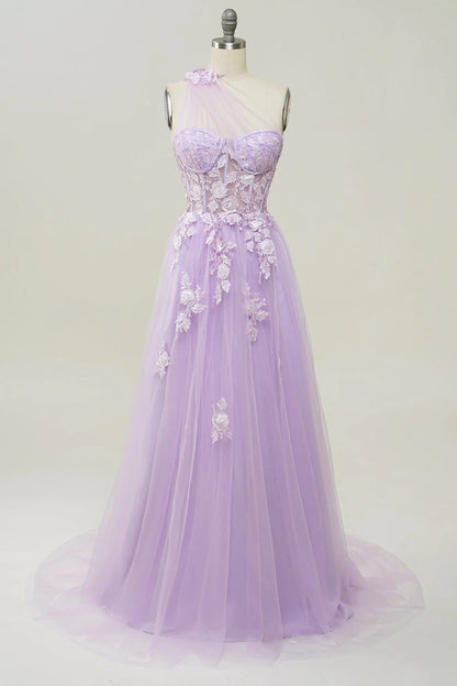 AerbaDress  A Line One Shoulder Long Prom Dress with Appliques