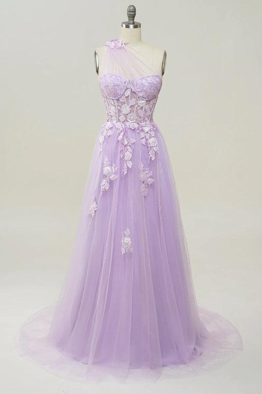 AerbaDress  A Line One Shoulder Long Prom Dress with Appliques