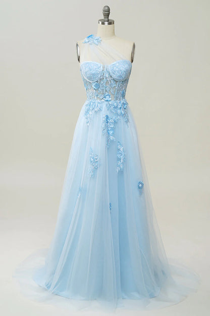 AerbaDress  A Line One Shoulder Long Prom Dress with Appliques
