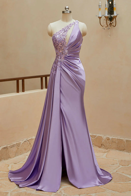 AerbaDress Prom Dresses Mermaid Satin One Shoulder Beaded Sweep Train
