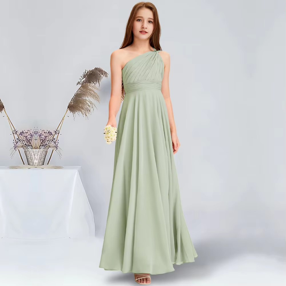 Girls' Formal Dress Elegant A-line One Shoulder Pleated Floor-Length Chiffon Wedding Dresses For School Dance Hot Sale Junior Bridesmaid Dress
