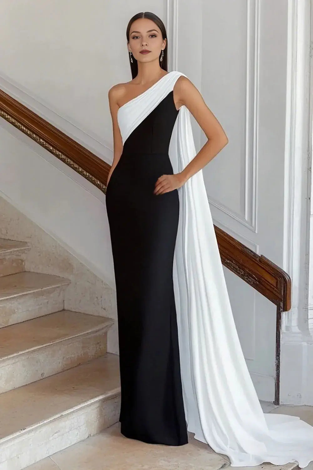 Black White Satin Sheath One Shoulder with Side Cape Pleated Fashion Long Formal Dress Hot Sale Evening Dress
