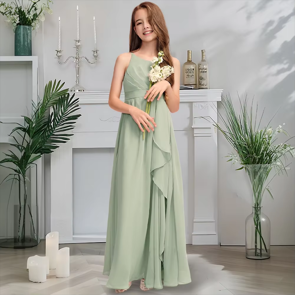 Girls' Formal Dress Elegant A-Line Scoop Neck Spaghetti Strap Floor-Length Chiffon With Cascading Ruffles Hot Sale Junior Bridesmaid Dress