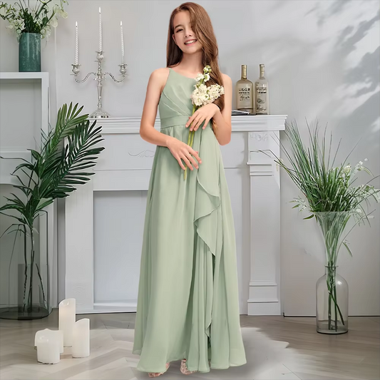 Girls' Formal Dress Elegant A-Line Scoop Neck Spaghetti Strap Floor-Length Chiffon With Cascading Ruffles Hot Sale Junior Bridesmaid Dress