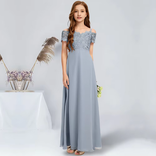 Girls' Formal Dress Exquisite A-line Cold Shoulder Floor-Length Chiffon Lace Wedding Guest Communion Dress Hot Sale Junior Bridesmaid Dress