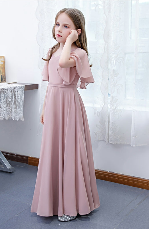Girls' Formal Dress Elegant A Line V Neck Flowy Sleeves Long Chiffon Pleats Birthday Party Gowns Hot Sale Junior Bridesmaid Dress