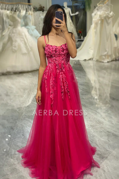 AERBA DRESS Sparkle Prom Dress A Line Spaghetti Straps Tulle Appliques Fashion Elegant Long Dress