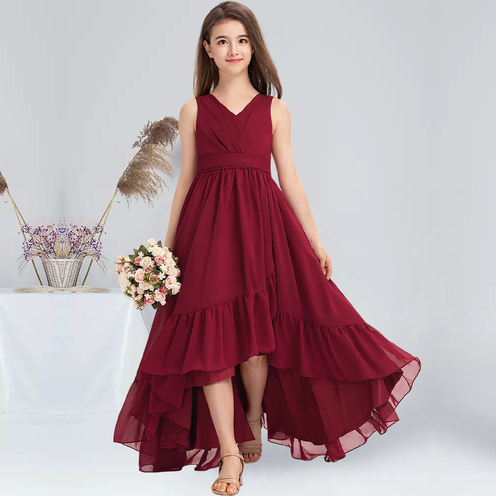Exquisite A-line V-Neck Sleeveless Asymmetrical Chiffon Pleated Girl Party Communion Guest Dresses Junior Bridesmaid Dress