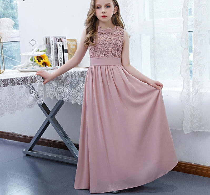Girls' Formal Dress Exquisite A Line Sleeveless Lace Chiffon Girls Birthday Gown Long Hot Sale Junior Bridesmaid Dress