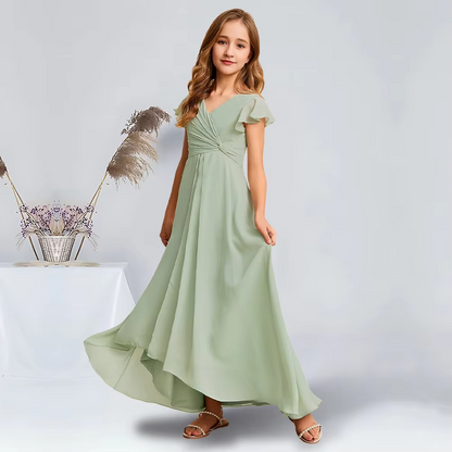 Girls' Formal Dress Elegant A-Line V-Neck Asymmetrical Charming Party Wedding Guest Dress Hot Sale Junior Bridesmaid Dress