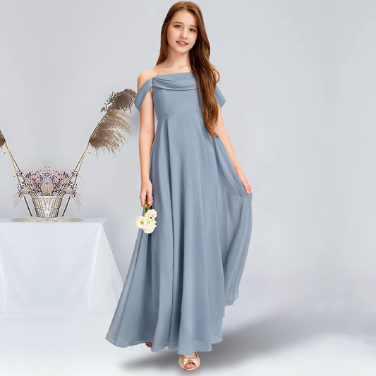 Girls' Formal Dress Fashion A-line Off the Shoulder Flowy Floor-Length Chiffon Wedding Communion Dress Hot Sale Junior Bridesmaid Dress