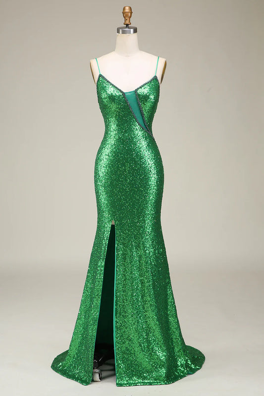 AerbaDress Sparkly Mermaid Spaghetti Straps Green Sequins Long Prom Dress with Split Front
